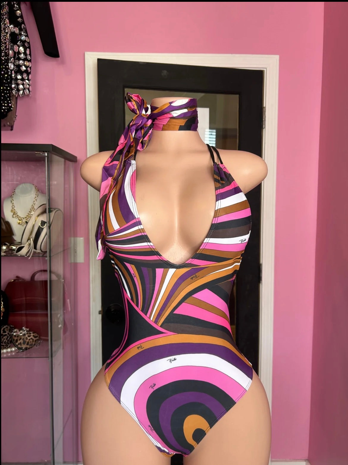 Fashion Pucci Designer Inspired One Piece Swimsuit W/Patterned Neck Scarf- Purple Multi