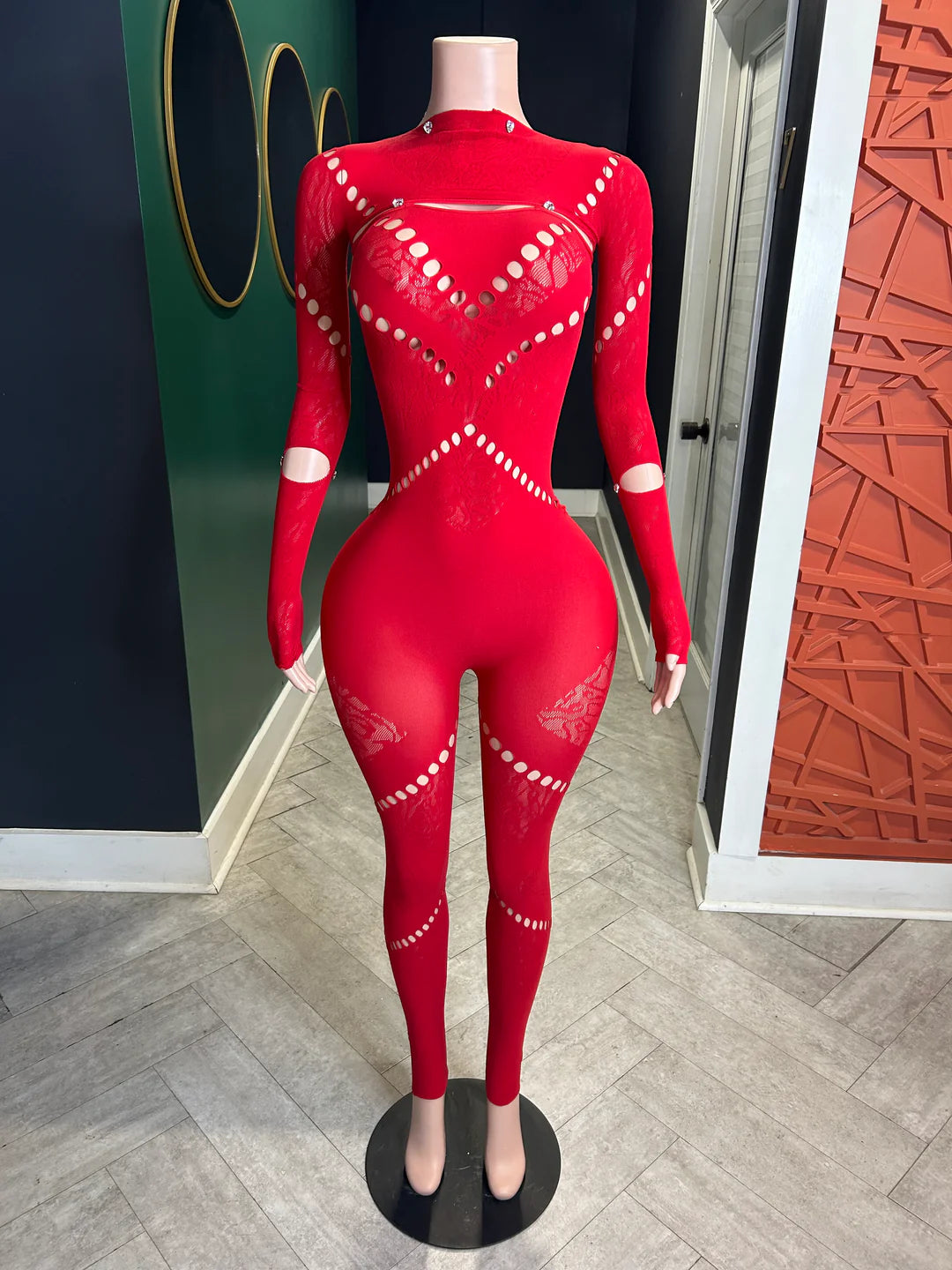 Baddie Lace Jumpsuit Red