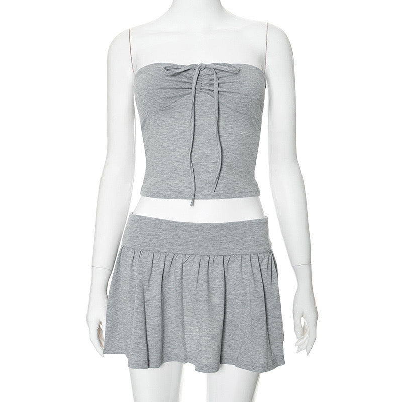 Tie Front Skirt Set Gray