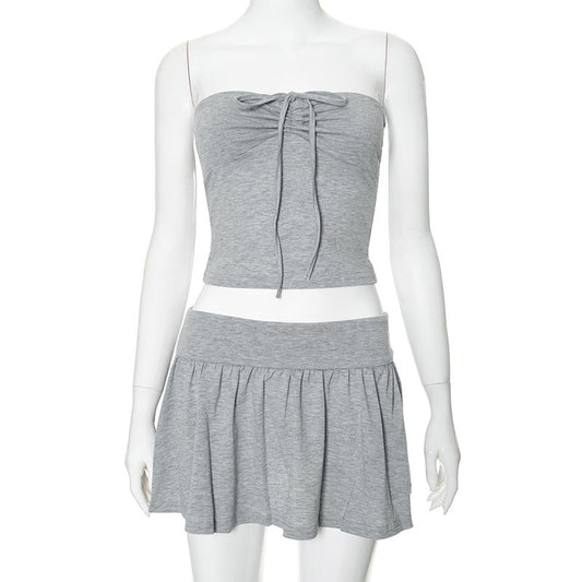 Tie Front Skirt Set Gray