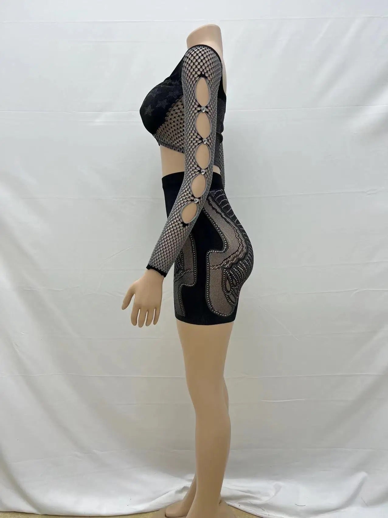 Mesh Long Sleeve Top & Shorts Set Black