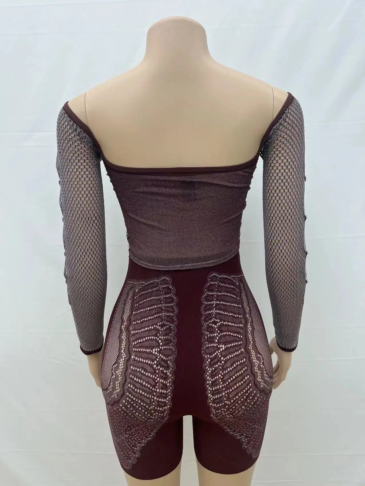 Mesh Long Sleeve Top & Shorts Set Brown