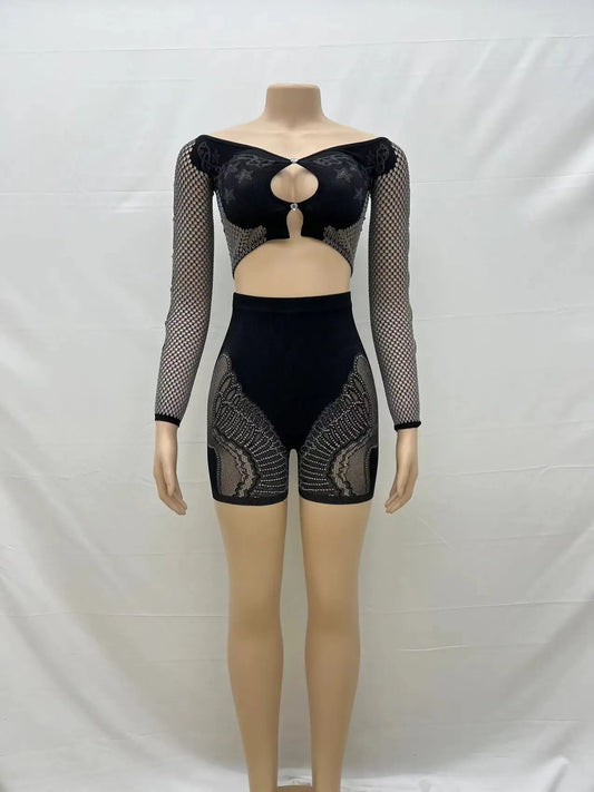 Mesh Long Sleeve Top & Shorts Set Black