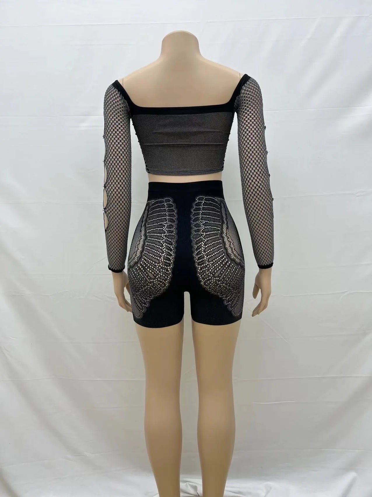 Mesh Long Sleeve Top & Shorts Set Black