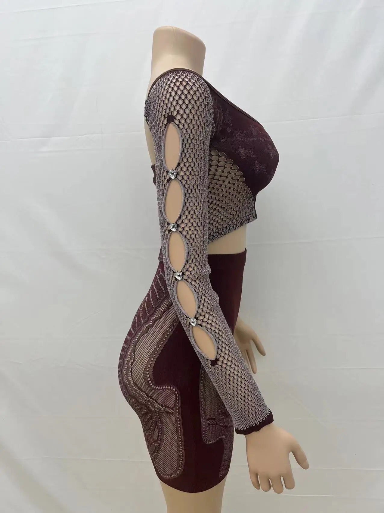 Mesh Long Sleeve Top & Shorts Set Brown