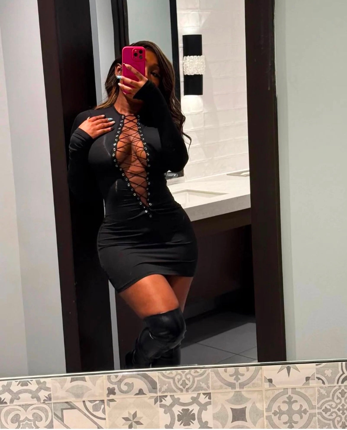 Cleavage Lace Up Body Con Mini Dress