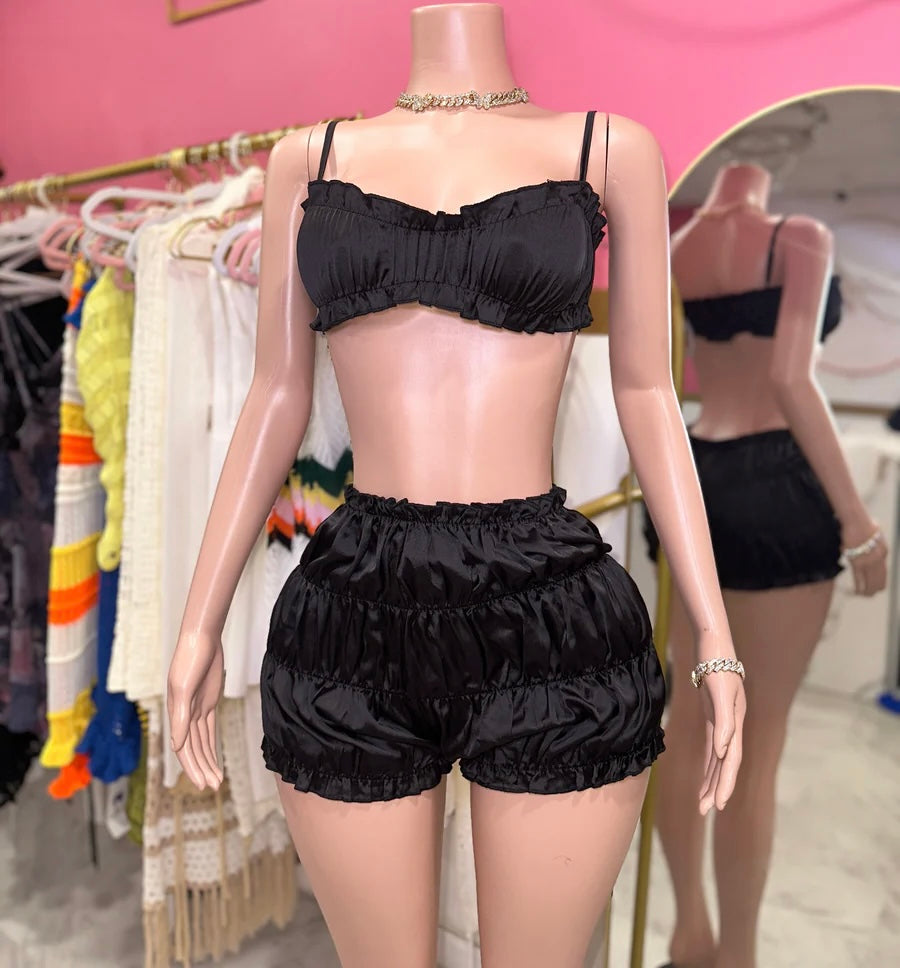 Satin Matching Cropped Set Black